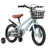 Supfine Kinderfahrrad Fahrrad mit Korb für 3-5 Jahre alte Kinder, 14 Zoll mit Glocke und Stabilisatoren (Hellgrün – Modell B, 14 Zoll)