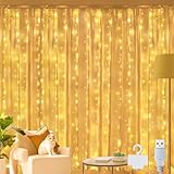 Ollny LED Lichtervorhang 2x2m, 200 LEDs Lichtervorhang innen USB warmweiß, Lichterkette innen fenster mit 10 Haken, für innen und außen Deko Hochzeit Party Fenster Wand Balkon