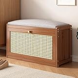 Braune Rattan-Schuhbank mit verstellbarem Regal, Holzeingangssitz mit Leinenkissen, Flur und Schlafzimmer, Organizer, 50 x 24 x 44 cm
