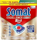 Somat Excellence Premium 5in1 Caps (75 Caps), schnellauflösende Spülmaschinentabs mit Extra Boost auch im Niedrigtemperatur-, Kurz- & Eco-Programm, entfernen selbst 72 h eingetrocknete Essensreste
