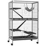 PawHut Kleintierkäfig, Frettchenkäfig Nagerkäfig mit ausziehbarem Tablett Käfig mit Hängematte, Rampen, Rollen für Eichhörnchen, Zwerghamster, Chinchilla Grau