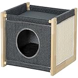 PawHut Katzenhöhle, Katzenhütte mit Kissen, Katzenhaus aus Kiefernholz, Katzenkorb mit Kratzmatte, Kuschelhöhle für Katzen, Katzenmöbel, Indoor, Grau, 40 x 40 x 40,5 cm