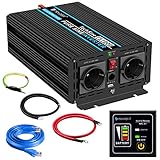 novopal 1000W KFZ Reiner Sinus Spannungswandler-Auto Wechselrichter 12v auf 230v Umwandler-Inverter Konverter mit 2 EU Steckdose und USB-Port-inkl. 5 Meter Fernsteuerung - Spitzenleistung 2000 Watt