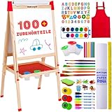 Kunst Staffelei für Kinder mit 100+ Zubehör- Doppelseitige hölzerne Tafel für Kinder mit magnetischer Kreidetafel, abwischbarem Whiteboard & Papierrolle, Kindertafel mit Kreide und Magnet 3-4 4-8 9-12