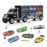m zimoon LKW Autotransporter Spielzeug, Transport Träger Truck Spielzeugauto Set mit 8 Zubehör und 6 Mini Metallauto Kindergeburtstag Gastgeschenke Geschenk für 3-12 Jahre alte Jungen Mädchen Kinder