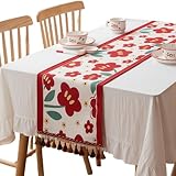 HSTWODE 33x140-300 cm Rot Blumen Tischläufer ModernTischläufer Restaurant Dekoration Faltenfrei rutschfest Tischband Deko Tischwäsche Esstisch Party Küche Wohnzimmer Tischdecke Abwaschbar (33*180CM)