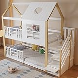 FEZTOY Kinderbett Etagenbett 90 x 200, Hausbett für 2 Kinder, Hochbett mit Lattenrost, Treppe und Rausfallschutz, Baumhaus Bett mit Fenster und Dach, Kiefer+MDF, Ohne Matratze