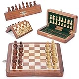 Ajuny Magnetisches Schachbrett-Set aus Holz mit handgefertigten Teilen – Aufbewahrungsschlitze tragbar, für die Reise, einzigartiges Schachspiel für Erwachsene und Kinder, Puzzle-Schachspiel, 7x7 Zoll