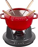 STAUB Fondue Set mit 4 Gabeln, Geeignet für Käse- Schoko- und Fleisch-Fondue, Gusseisen, 16 cm, Kirschrot