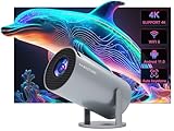 Automatische Trapezkorrektur Mini Tragbarer Beamer, 4K/ 200 ANSI Smart Projektor mit WiFi6, BT 5.4, 130 Zoll Bildschirm, 180-Grad-Flip, Rundes Design, Eingebaute Android OS 11.0 Heimkino Beamer
