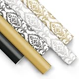 PAW - Geschenkpapier 200x70cm - 5 Rollen | Mix aus 5 Motiven | Elegante Papierrolle für Geburtstage, Hochzeiten, Babypartys, Partys und Geschenke - Schwarz, Gold, Gemustert