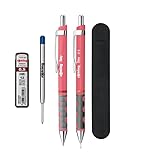 rOtring Tikky Pastell-Kugelschreiber und Druckbleistift, blaue Tinte (M), HB 0,5 mm, Teerosen-Fässer, Samt-Federmäppchen + blaue Stiftmine und HB 0,5 mm Bleistiftminen