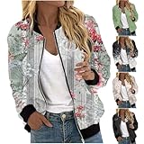 Generisch Bomberjacke Damen Kurze Blouson Langarm College Jacke Elegante Blumenmuster Casual Dünne Bomber Jacke mit Reißverschluss Leichte Pilotenjacke Herbst Frühling Sommerjacke