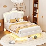Merax Polsterbett 90x200cm, Multifunktionales Bett mit Lattenrost und LED-Licht, für Jugend, Erwachsene, PU-Leder, Weiß (Ohne Matratze)