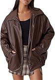 lederimitat jacke damen, Damen Kunstlederjacke Schwarz Oversize Lang Lederjacke Reißverschluss Reverskragen Motorrad Jacke Bikerjacke Leicht Leder Übergangsjacke Bomberjacke Casual Outdoor Streetwear