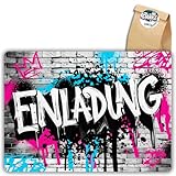 12x Graffiti Einladungskarten Nr.5 - Für den Kindergeburtstag von Jungen & Mädchen - Neon Graffiti Geburtstagseinladungen +12 Sticker +12 Geschenktüten
