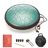 AMKOSKR Stahlzungentrommel, 14 Zoll 35 cm Steel Tongue Drum, D-Dur 15 Noten, Handtrommel HandPan Drum mit Drumsticks/Tragetasche(Grün)