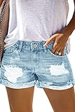 AOISAGULA Damen Denim Shorts Retro-Stil Hot Pants Loch Kurze Jeans mit Taschen für Sommer Himmelblau L