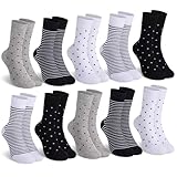 Mowenti socken damen 39-42 sportsocken strümpfe socks Damensocken bunte schwarz Streifen Punkte baumwollsocken 10 Paar 2x Weiß 2x Schwarz 1xGrau