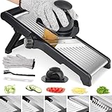 Gemüsehobel Mandoline, 5-in-1 Verstellbar Edelstahl Hobel Gemüse, Adjustable Vegetable Slicer, Tomato Slicer, Fruit and Onion Cutter INCLUDING Cut-Resistant Gloves