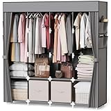 Cisivis Kleiderschrank Stoff, Mobiler Kleiderschrank, Stoff Schrank, Fabric Wardrobe, Falt Schrank Mit Ablagen, Seitentaschen, Kleiderstange & Ablagen, für Schlafzimmer, Wohnzimmer (Grau, 4 Spalten)