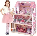 ROBUD Puppenhaus Holz Kinder Spielzeug | Dollhouse Mädchen Spielzeug Puppenhaus ab 2 3 4 5 Jahre Mädchen Puppen Haus Groß mit Zubehör, Geschenk für Mädchen Kinder
