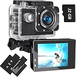 Xilecam Action Cam 1080P Helmkamera mit 32GB Karte, Unterwasserkamera wasserdicht bis 40M，Action Kamera mit Zwei wiederaufladbare Akkus und Accessories
