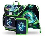 Baagl Schulranzen Jungen Mädchen Set 3 Teilig, Ergo Schultasche für 1. Klasse, Ergonomische Grundschule Ranzen Tornister mit Brustgurt (Fußballspieler)