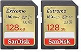 SanDisk Extreme SDXC UHS-I Speicherkarte 128 GB (V30, 180 MB/s Übertragung, U3, 4K UHD Videos, SanDisk QuickFlow-Technologie, wasserdicht, stoßfest, temperaturbeständig) (Packung mit 2)