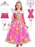 Dornröschen Kostüm Mädchen, Prinzessin Aurora Kostüm Kinder, Dornröschen Kleid Faschingskostüm Rosa Kleid für Karneval Fastnacht Geburtstag mit Zubehör Perücke Handtasche Krone Zauberstab G085M