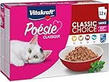 Vitakraft Poésie Classique, Nassfutter Katze, Katzennassfutter in Sauce, mit Huhn, mit Truthahn, mit Rind, mit Lachs, ohne Zusatz von Zucker und Getreide (1 Paket mit 12x 85g)