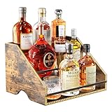 Nuovoware LED Beleuchtet Schnapsflasche Display Regal, 3 Schritt Holz Arbeitsplatte Schnapsregal mit Zäune Tragbare Griffe, 12-Flaschen-Whiskey-Regal Liquor Display Retro Weinregal für Home Bar, Braun