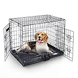 Hundekäfig (92cm) – Haustierkäfig aus schwarzem Metall mit 2 Türen (vorne und seitlich) mit kaubeständiger Kunststoff-Basisschale und Tragegriff, robuste Box, perfekt für Welpentraining (groß)