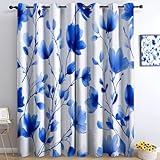 Srigzcaly Verdunkelungsvorhänge Minimalistisch Pflanze Blume Polyester Gardinen Thermo Kälteschutz Blickdicht Ösenschal Hellblau für Wohnzimmer Schlafzimmer, 2er Set, 215 x 110 cm (H x B)