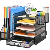Marbrasse Schreibtisch Organizer mit Aktenhalter,5Tier Briefablage Ablagefächer mit Schublade,2 Stifthalter, Netz Schreibtisch Ablage Zeitschriftenhalter für Büro Bedarf Dokumentenablage(Schwarz)