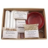 Räucherset „Hausreinigung“ – 9 TLG. – Kräuter-Mischung Reinigung m. Weihrauch Oman Al-Hojari u. Myrrhe - Räucherschale u. Zubehör – Geschenkkarton mit Klarsichtdeckel (Rote Speckstein-Schale)