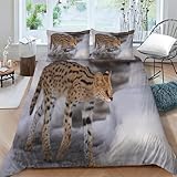 LLSZAHD Bettwäsche 135x200 Serval Katze Bettwäsche-Sets Schnee 3D Drucken Bettwäsche 3 Teiliges Set mit Reißverschluss - Atmungsaktiv Weich Bequem Mikrofaser Bettbezug + 2 Kissenbezug 80x80 cm