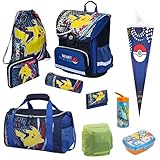 Familando Pokémon Schulranzen für die 1. bis 4. Klasse · Ergonomisch, Kompakt, Leicht · Pokemon Schultasche mit Pikachu Motiv · Einschulungs-Set mit viel Zubehör (10-teiliges Set, Blau)
