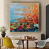 YMXCNM Ölbilder Auf Leinwand Handgemalt, Moderne Abstrakte Kunst Acrylmalerei 100% Handgemalte Herbstlandschaft Mit Lotusteich Wandkunst Extra Große Rahmenlose Coole Gemälde Wohnkultur Für Wohn