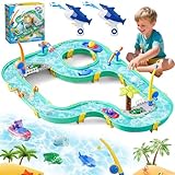 HERMORRYSS Wasserbahn Kinder Draußen, 2 in 1 Wasserspielzeug Kinder Outdoor, Wasserbahnset mit 2 Booten, 6 Tierfiguren, 2 Wasserpistolen und Angelfunktion, Wassertisch Spielzeug für Kind ab 3+