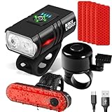 NAKOSITE BK02 Fahrradlicht Set 1500 Lumen – Komplett-Set mit Fahrradklingel + 10 reflektierenden Fahrrad Aufklebern | USB-aufladbar, IPX5, 6+4 Modi für MTB, Citybike, Kinderfahrrad