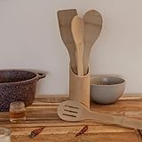 Bambus-Utensilien-Set mit Halter, 5-teilig, für Küchenarbeitsplatte zum Kochen, Holzlöffel