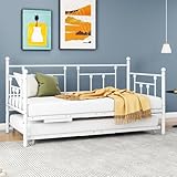 VERFARM Tagesbett Bettgestell 90x200 cm Bett mit Ausziehbares Bett, Einzelbett Schlafsofa mit Lattenrost für Gästezimmer Jugendbett, Metallbett Tagesbett Bettrahmen für Schlafzimmer Wohnzimmer,Weiß