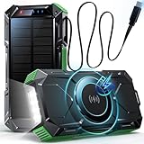 Magnetic Wireless solar Power Bank 26800mAh mit 50CM Retractable USB-C Kabel, 30W Tragbares Solar Ladegerät Schnellladefunktion mit 5 Ausgänge | LED Taschenlampe, Externer Akku für Handy Tablets