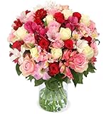 Blumenstrauß “Amelie”, Bunte Inkalilien & Rosen in Weiß, Pink & Rot, bis zu 60 Blüten, 40-50cm Länge, 7-Tage-Frischegarantie, Qualität vom Floristen, Ideales Blumengeschenk, Schneller Blumenversand