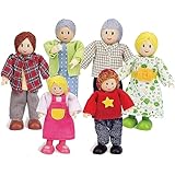 Hape Puppenfamilie Preisgekröntes Puppenfamilien-Set, einzigartiges Zubehör für Puppenhäuser aus Holz, Fantasie-Spiel, 6 Puppenfamilien-Mitglieder