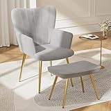 FiveWillowise Ohrensessel, Sessel mit Hocker, Relaxsessel mit Fußstütze, Armsessel, Armlehnstuhl, Loungesessel, Fernsehsessel für Wohnzimmer, Schlafzimmer, Samtoptik, Grau