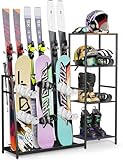 Emfogoo Skiständer, Freistehende Skihalter für die Garage, Stahl-Bodenständer Ski-Organizer für 4 Paar Ski, 3 Snowboards, Stiefel, Stöcke, Brillen, Helme, für Schuppen oder Keller(Grundlegender Stil)