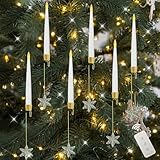 Weihnachtsbaum Lichterkette LED Kerzen mit Fernbedienung und Timer, 6er LED Weihnachtsdeko Hängend Stabkerzen Kabellos mit Kristall Schneeflocke, Weihnachtsbaumschmuck Flammenlose LED Kerzen