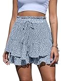 Yutdeng Shorts Damen Sommer Lässig Rock mit Hose Drunter Boho Chiffon Shorts Leicht Hosenrock Kurze Hose Elastische Taille Minirock Blumen Rüschen Strandshorts Locker Sommerhose Freizeit mit Kordelzug